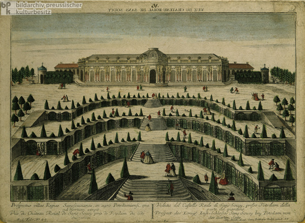 Ansicht des Lustschlosses Sanssouci bei Potsdam von der Gartenseite aus (ca. 1750)